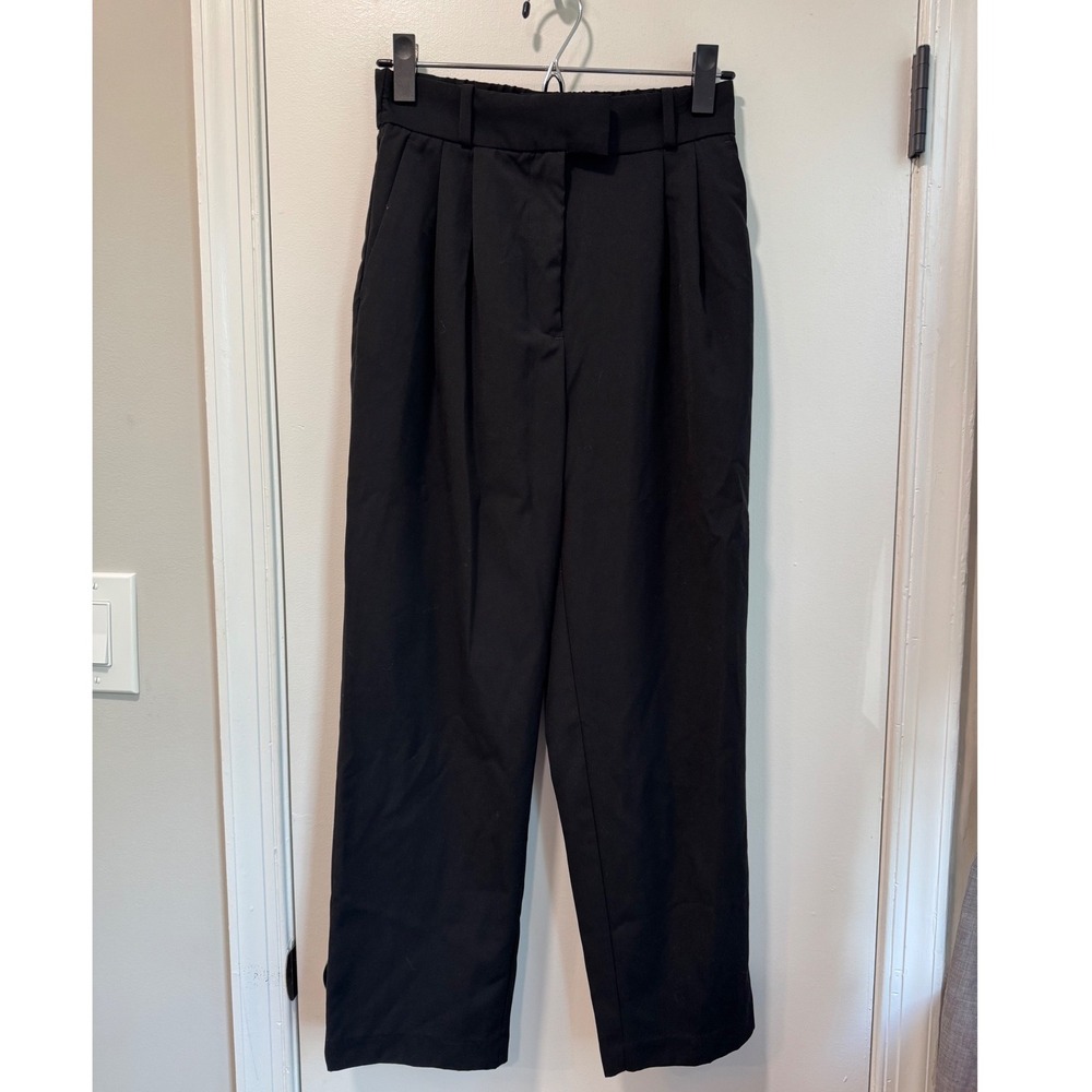 HM Womens Black Pleated Wide Leg Trousers High Waist Elastic Back Crop Pants  4